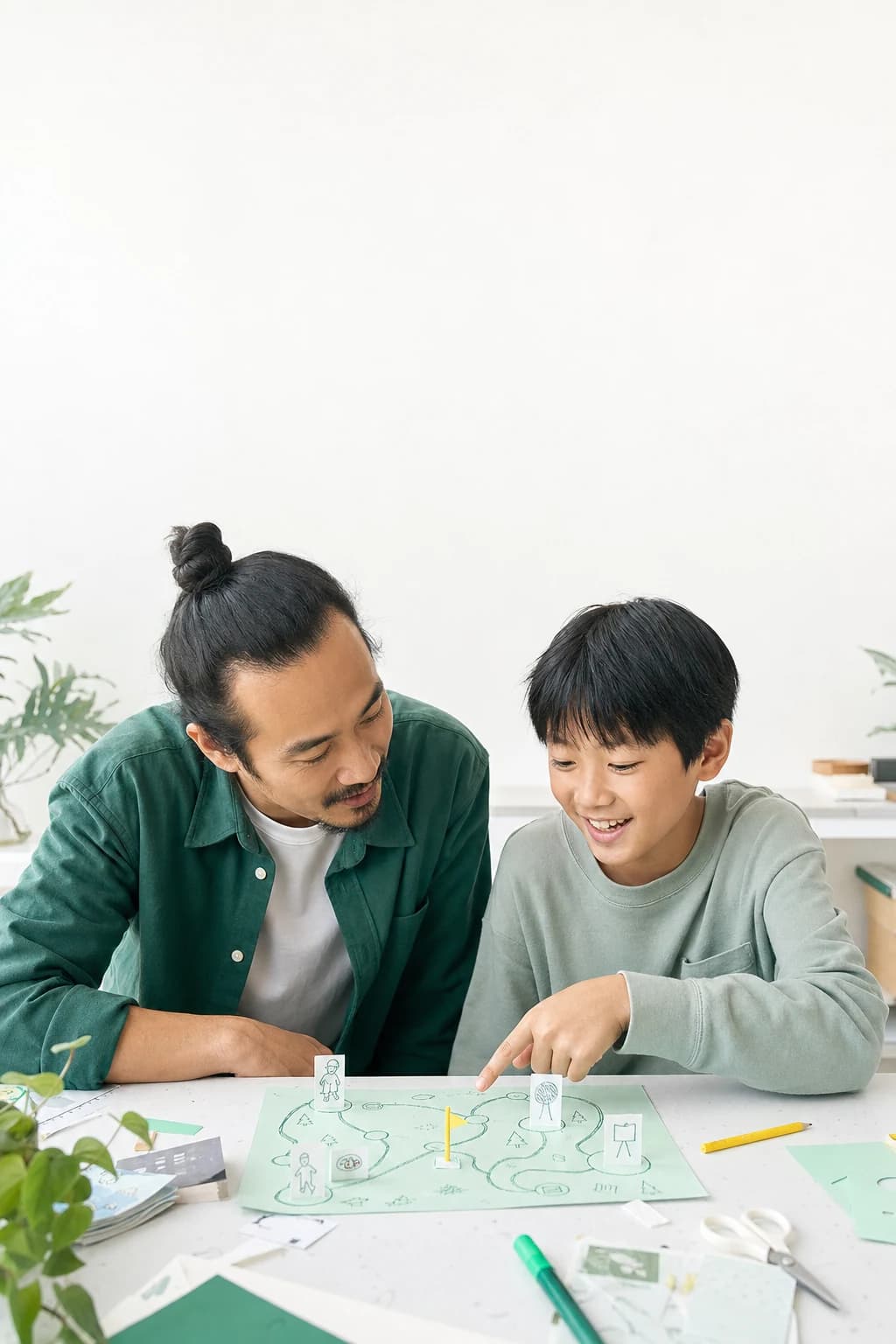 A child explains their handmade game map to an attentive parent.